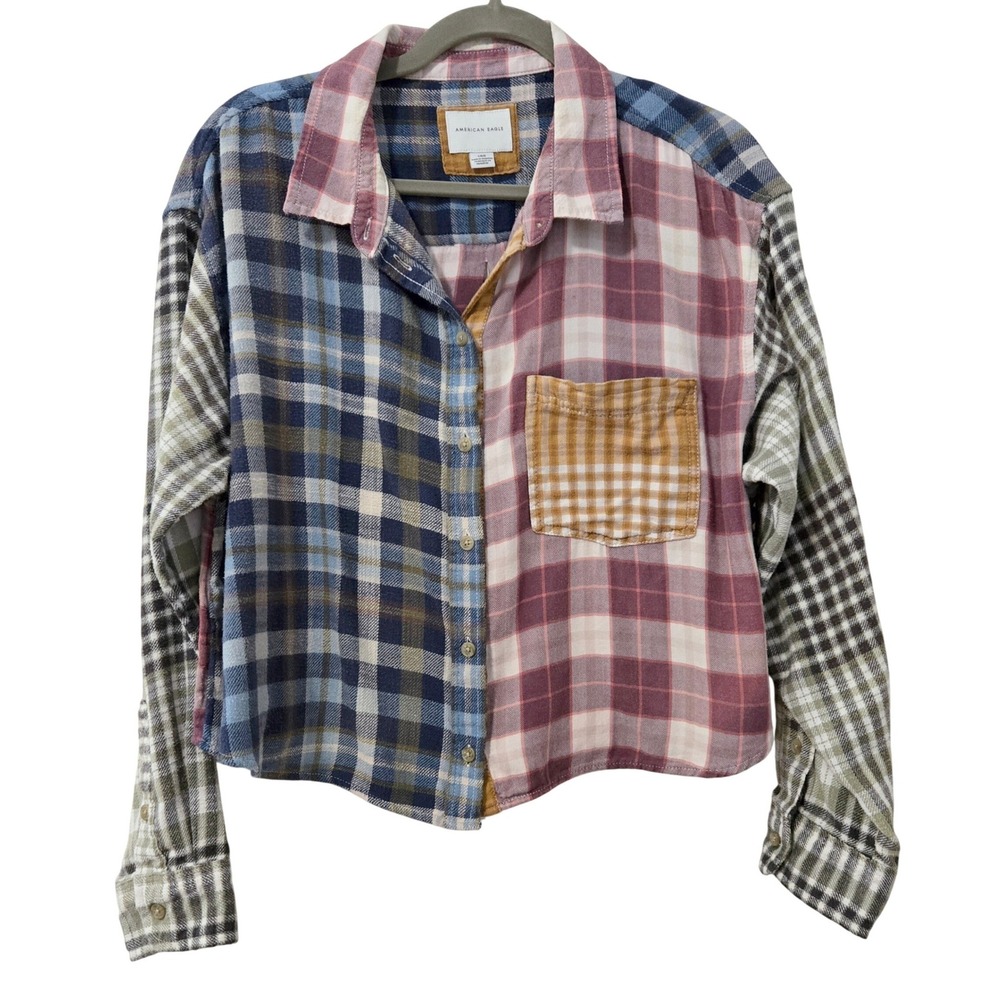 American Eagle Comfy Plaid Patchwork Cropped Button Down Shirt L Multicolor